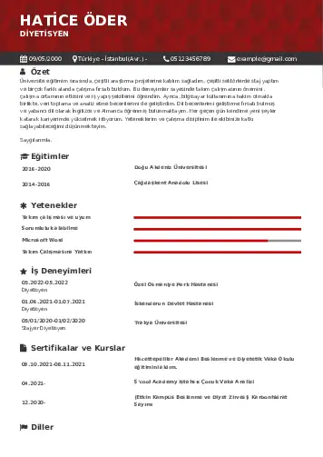 Beslenme Uzmanı Diyetisyen CV Örnekleri cv indir